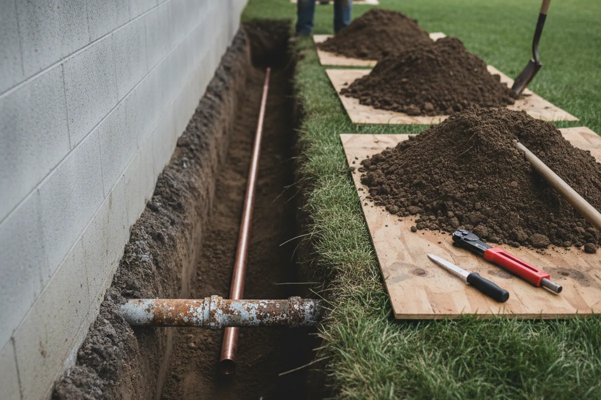 Excavated water line trench during Sewer Line Repair in Blooming Grove